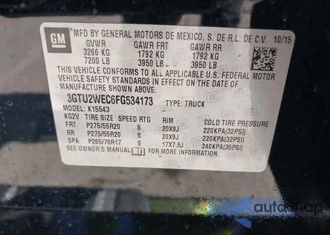 2015 GMC Sierra 1500 Denali z USA, uszkodzony, nr VIN 3GTU2WEC6FG534173